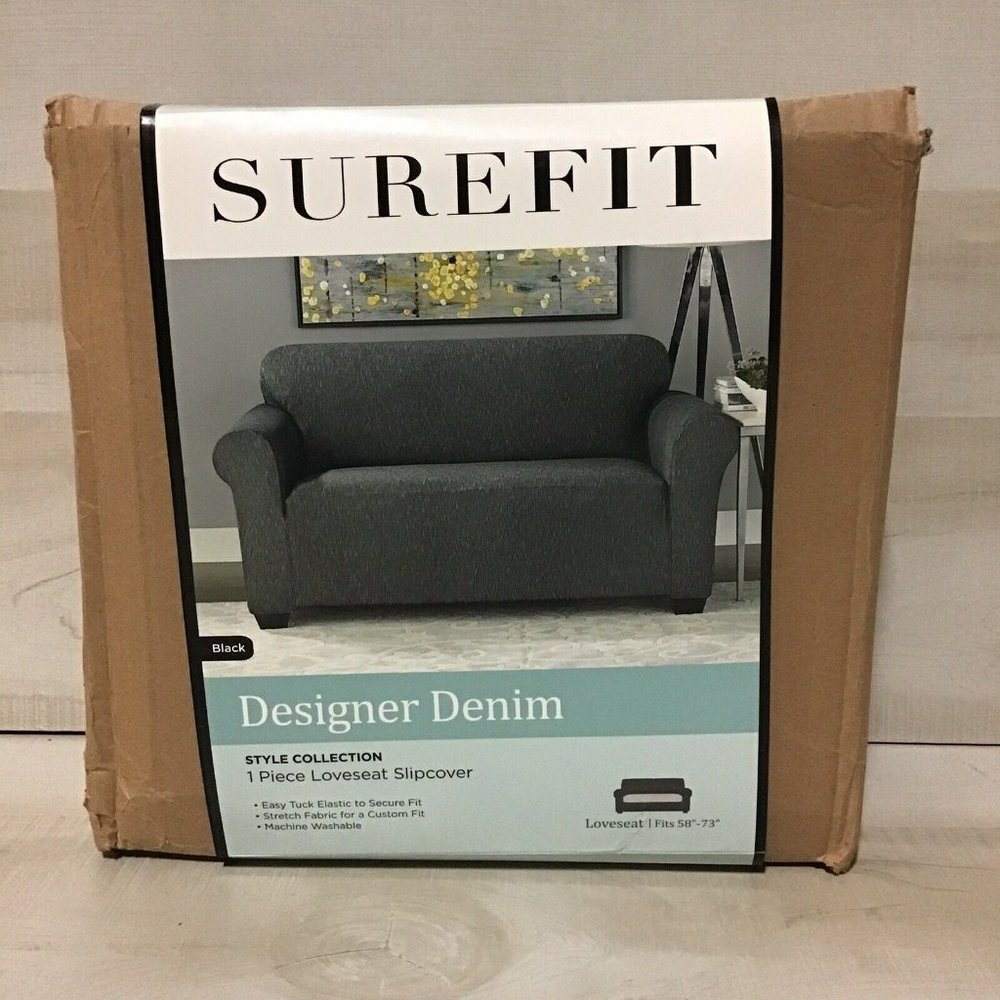 SureFit Designer Denim Loveseat Slipcover Black Stretch 58”-73” Polyester